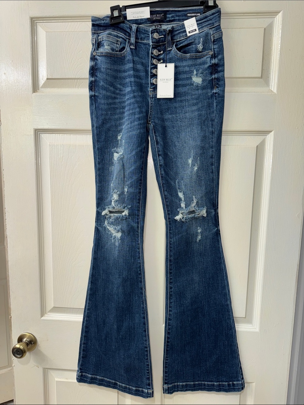 Judy Blue Medium/Dark Blue Distressed Flare Jeans 5-Button Fly NWT